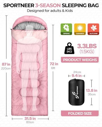 Спальний мішок для дітей та дорослих Outdoor, легкий та компактний (220x80 см), рожевий, температурний режим +10...+26 °C