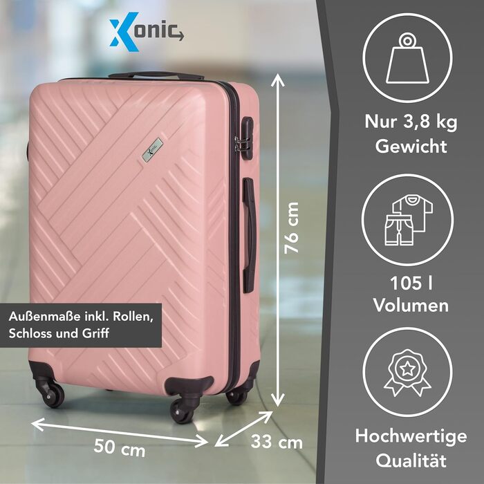 Валіза Xonic Design XL, жорстка оболонка ABS, рожева (Pastell Rosa), кофер-тролей з кодовим замком та колесами 360°