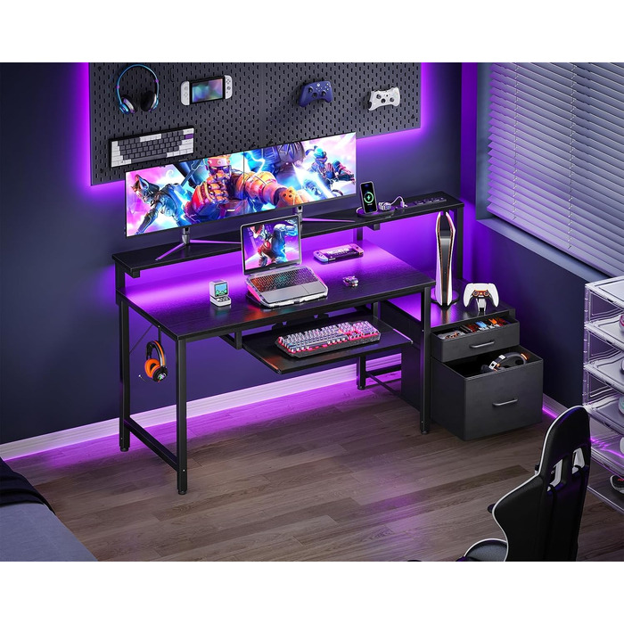 Ігровий стіл Coleshome з LED підсвіткою 140x48 см, з ящиками, 2 розетками та 2 USB портами, з підставкою для монітора, чорний