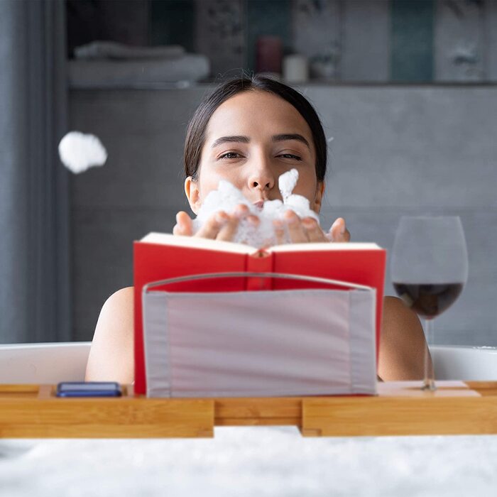 Полиця для ванни Relaxdays XL з підставкою для книги та планшета, розсувна, бамбук, натуральний колір, 70-105 см