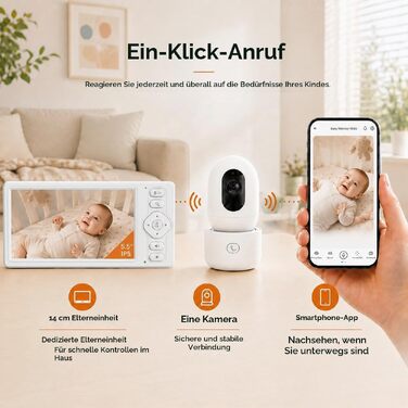 Відеоняня HelloBaby з WiFi та камерою: монітор з нічним баченням, датчиком руху, двостороннім аудіо та керуванням через додаток (5.5 дюймів, білий)