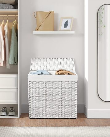 Кошик для білизни SONGMICS з кришкою, 130 л, 2 відділення, знімний мішок, ручки, ручне плетіння, для спальні та ванної, 33x66x60 см, білий