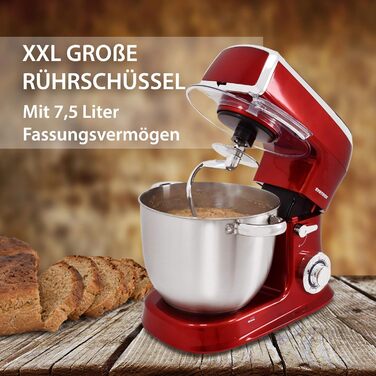 Кухонна машина Syntrox Germany 1500 Вт з м'ясорубкою, міксером та 7,5 л чашею з нержавіючої сталі, червона