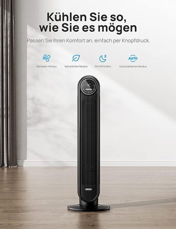 Тихий баштовий вентилятор Dreo 28 дБ, 7,3 м/с, 4 швидкості, 4 режими, таймер 8 год, 90° обертання, дистанційне керування, для спальні, Nomad One, чорний