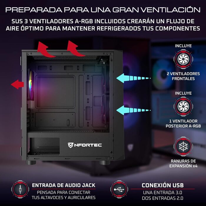 Корпус для ПК Nfortec DYS Mini Tower (MATX), 3x 120 мм ARGB вентилятори, металева сітка, бокова панель із загартованого скла, чорний