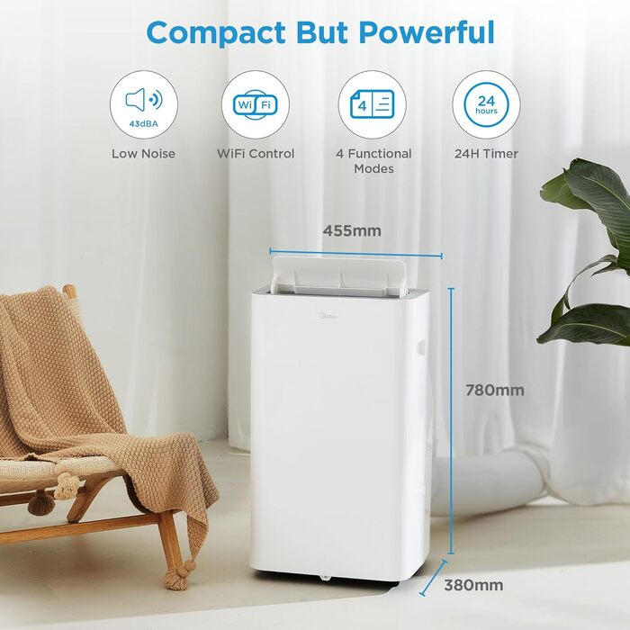 Мобільний кондиціонер Midea Silent Cool 26 Pro WF 9000 BTU, 2,6 кВт, для приміщень до 33 м², охолодження, вентиляція, осушення, з Wi-Fi, керування через додаток, Alexa, Google Home, IFTTT, з відвідним шлангом