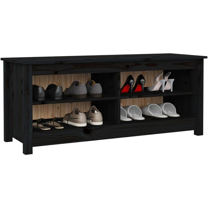 Стійка для взуття vidaXL з сидінням, чорна, масив сосни, 110x38x45.5 см, для коридору та передпокою, з великим місцем для зберігання