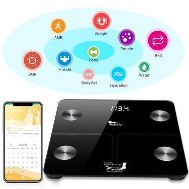 Розумна вага для визначення складу тіла Himaly, Bluetooth, цифрова, для жиру, ваги, ІМТ, води, кісткової маси, калорій, вісцерального жиру, чорна