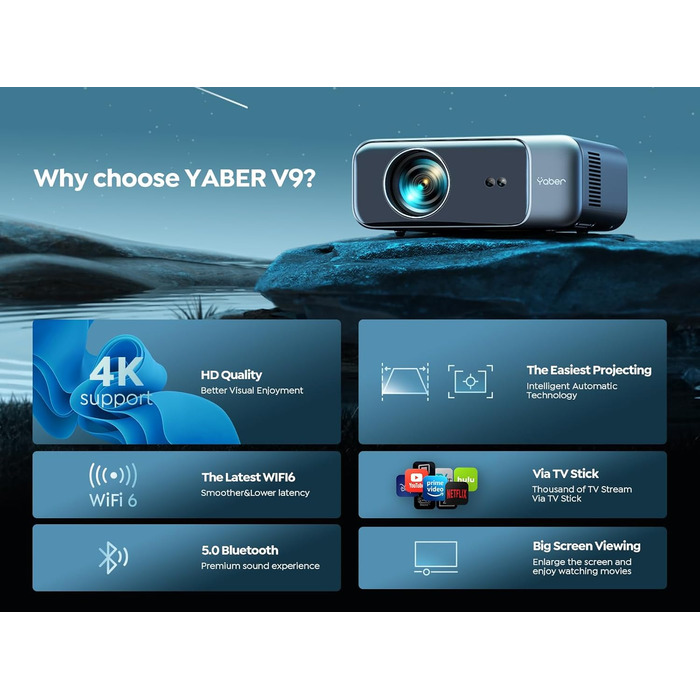 Портативний кінотеатр-проектор YABER Full HD 1080p (підтримка 4K), автофокус, корекція трапеції, WiFi 6, Bluetooth, екран до 300 дюймів для дому та вулиці