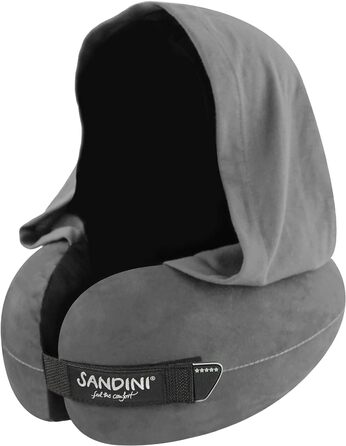 Подушка для подорожей SANDINI TravelFix Hoodie з ергономічною підтримкою шиї та капюшоном, преміум велюр, антрацит, чохол у комплекті