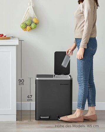 Сортувальний смітник SONGMICS для кухні, 2×15 л, сталевий, двосекційний, педальний, з м'яким закриттям, чорний