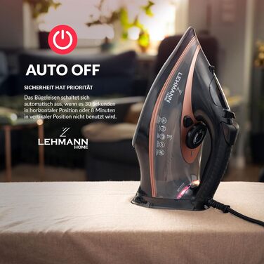 Паровий прас LEHMANN 3000 Вт з керамічною підошвою, потужний паровий удар 140 г, вертикальне прасування, автовимкнення, антикальцинатор, чорний/розе-золото