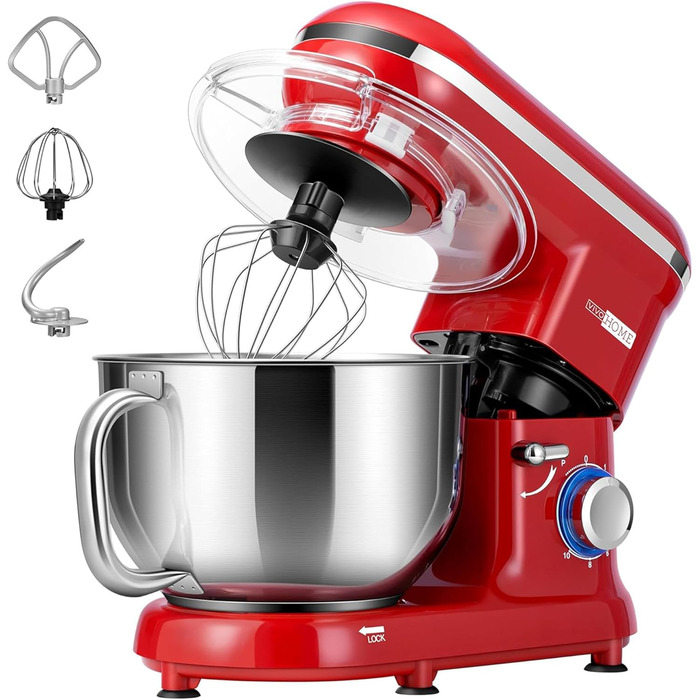 Кухонна машина VIVOHOME 5.7L: потужний міксер з 10 швидкостями, функцією імпульсу та набором насадок (червоний)
