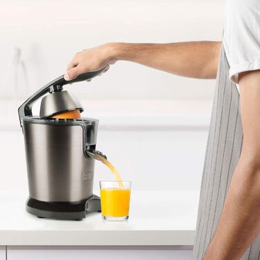Електрична цитрусова соковижималка BLACK+DECKER BXCJ350E, 350 Вт, професійний мотор, нержавіюча сталь, регулювання м'якоті, 2 насадки, 650 мл
