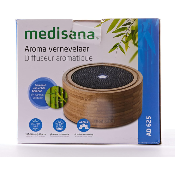 Аромадифузор Medisana AD 625 з бамбука, електричний з таймером, для ефірних олій, 100 мл, підсвічування 6 кольорів, очищувач повітря та освіжувач кімнати