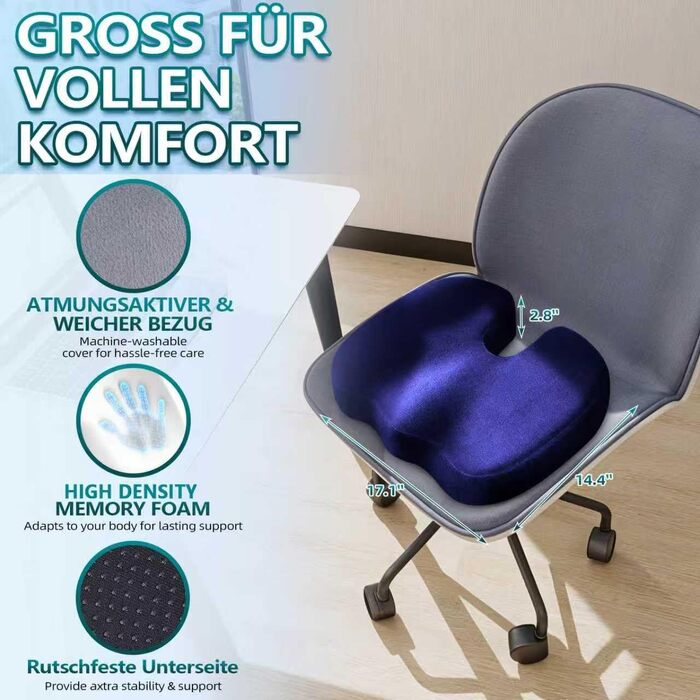 Ортопедична подушка для сидіння з піни Memory Foam – для офісного крісла та авто, зняття тиску, комфорт при тривалому сидінні, нековзка, знімний чохол (Синя)