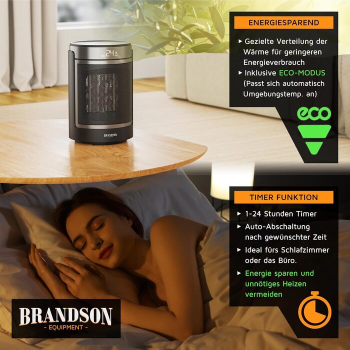 Тепловий обігрівач Brandson ECO Design з дистанційним керуванням, ECO-режимом та осциляцією, 2 рівні потужності, захист від перегріву та перекидання, колір Cool Grey