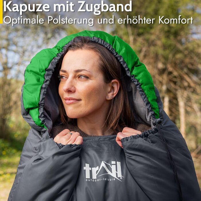 Легкий трисезонний спальний мішок Trail-Alpin з капюшоном та компресійним мішком, 250 г (Зелений)