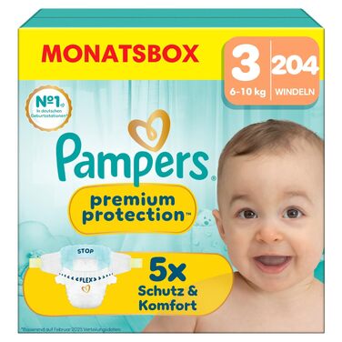 Підгузки Pampers Premium Protection розмір 3 (6-10 кг), упаковка 204 шт, преміум-захист від протікань та догляд за шкірою