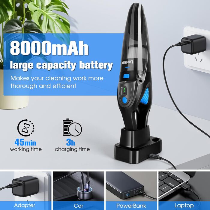 Акумуляторний ручний пилосос LanBlu для авто та дому, 25000Па, 120Вт, з LED-підсвіткою, зарядною станцією та мийним HEPA-фільтром, для вологого та сухого прибирання