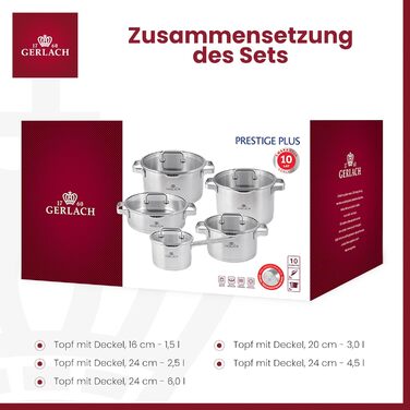 Набір каструль Gerlach Prestige Plus із нержавіючої сталі для індукції, 5 штук (1,5 л, 2,5 л, 3 л, 4,5 л, 6 л), можна мити в посудомийній машині