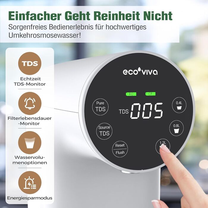 Система зворотного осмосу Ecoviva для чистої питної води з 5-ступеневою фільтрацією, монітором TDS, біла. Фільтр-осмос для крана, без встановлення WP-RO-200G
