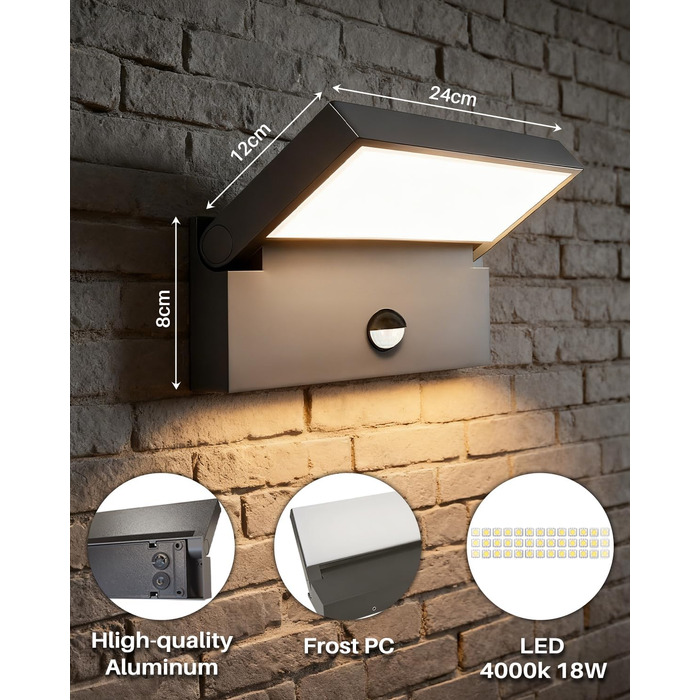 Світильник вуличний настінний EBION LED 18W з датчиком руху, поворотний на 90°, IP54 вологозахищений, алюміній, 4000K, антрацит