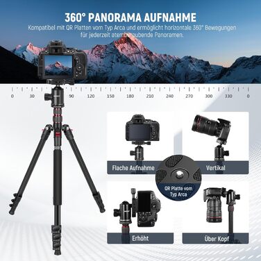 NEEWER 77'' штатив-монопод для DSLR і телефону, алюмінієвий, з 360° панорамною головкою, 2-осьовою центральною колоною, Arca QR, до 15,4 кг, сумка