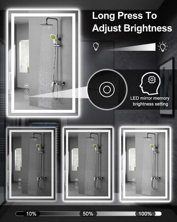 Дзеркало для ванної кімнати Habison з підсвічуванням LED, 50x70 см, сенсорне керування, регулювання яскравості, 3 колірні температури, функція пам'яті, протитуманне покриття, Bluetooth, матова центральна частина
