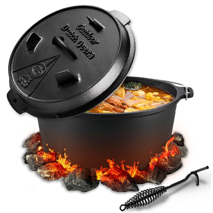 Чавунний казан (Dutch Oven) з кришкою-сковорідкою, набір 9 л, передзагартований казанок з ручкою-знімачем для outdoor та indoor, чорний