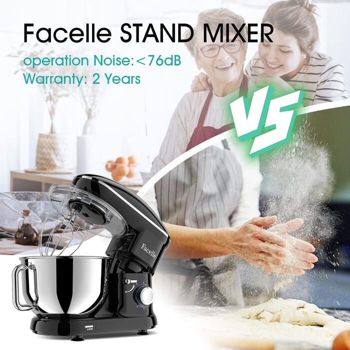 Кухонна машина Facelle 1500W з нержавіючою чашею 6.2 л, 6 швидкостей, комплект насадок (чорна)