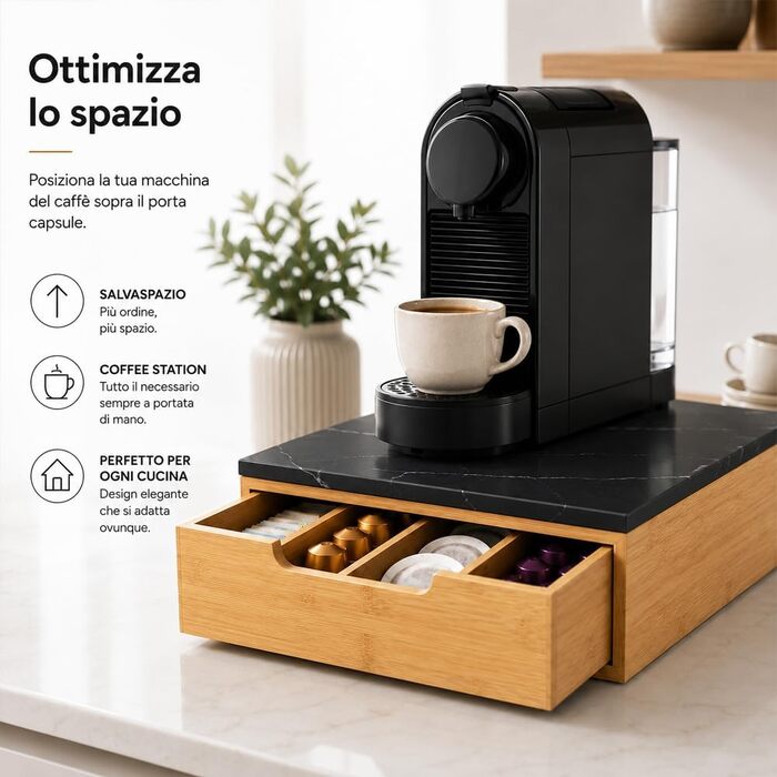 Держак для кавових капсул BAKAJI з шухлядою з бамбукового дерева для Nespresso, Dolce Gusto, Modomio, Lavazza, чайних пакетів та цукру, чорний (31,5 x 30 x 10 см)