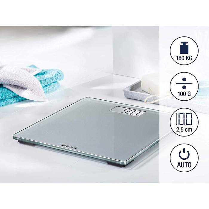 Цифрова вага Soehnle Style Sense Compact 300 для людей, з великою платформою, LCD-дисплеєм, ультратонкий дизайн, скло, сіра