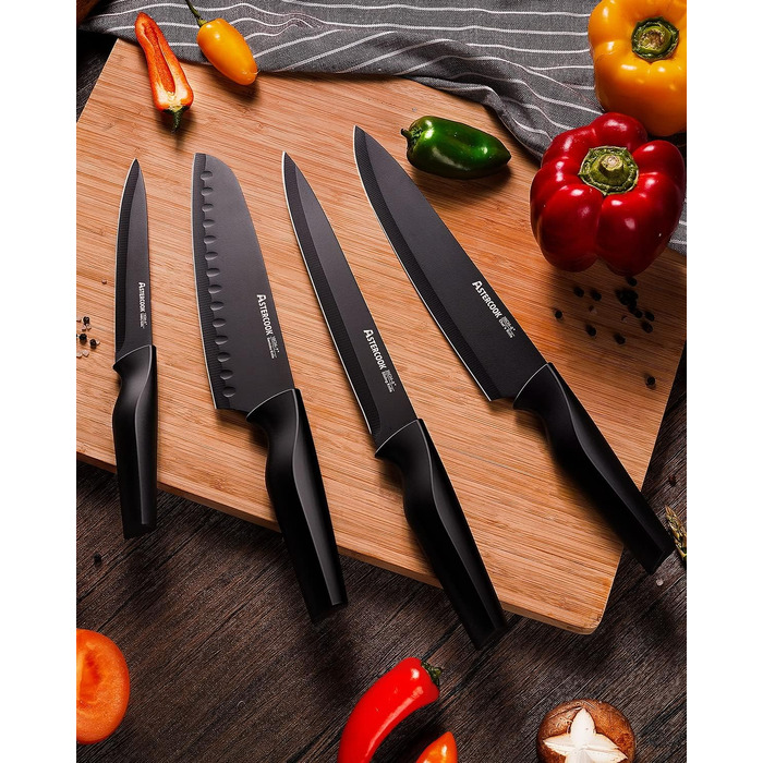 Набір кухонних ножів Astercook з підставкою та вбудованим точилом, 15 предметів, нержавіюча сталь, чорний
