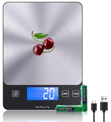 Кухонні ваги електронні з USB-C, 15 кг/1г, висока точність, професійні ваги для продуктів, з батарейками