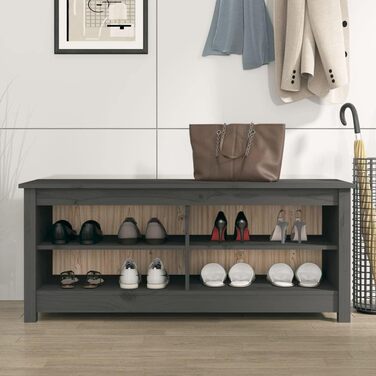vidaXL Лавка для взуття з полицею, сіра, масив сосни, 110x38x45,5 см – банкетка у передпокій з великим місцем для зберігання