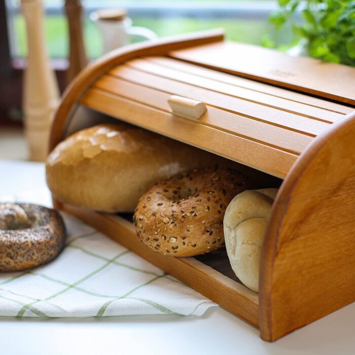 Дерев'яна хлібниця Creative Home Erle з роликовою кришкою, 38x28,5x17,5 см, натуральна, для хліба, булочок та випічки, стильна хлібна скриня для кухні
