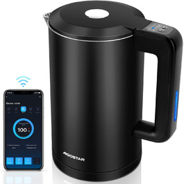 Розумний електрочайник Aigostar з Wi-Fi, регулювання температури 40-100°C, 1,7 л, подвійна стінка, нержавіюча сталь, сумісний з Alexa, функція підтримки тепла, чорний, безшумний, бездротовий
