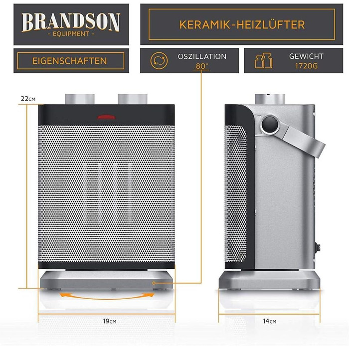 Тепловий обдув Brandson: електричний обігрівач з осциляцією, 1800 Вт, 2 рівні потужності, регулювання температури та захистом від перегріву