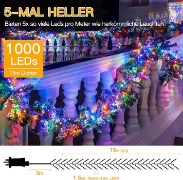 Світлодіодна гірлянда Ollny Cluster 1000 LED, 15м, багатоколірна (Bunt) — водонепроникна IP44 для вулиці, ялинки та декору, 8 режимів роботи та таймер