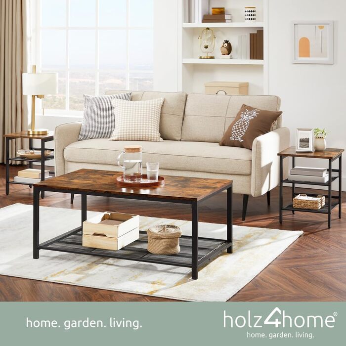 Журнальний стіл holz4home Connie з полицею, 106x60x45 см, індустріальний стиль, коричневий, для вітальні, чайний стіл, вінтаж