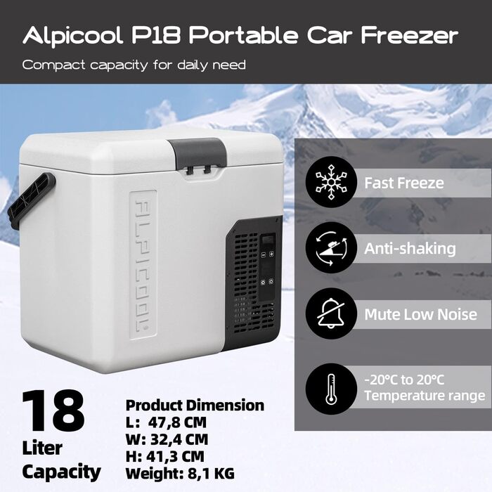 Alpicool Компактний переносний холодильник 18L для авто, кемпінгу, 12/24V DC, для їжі та напоїв