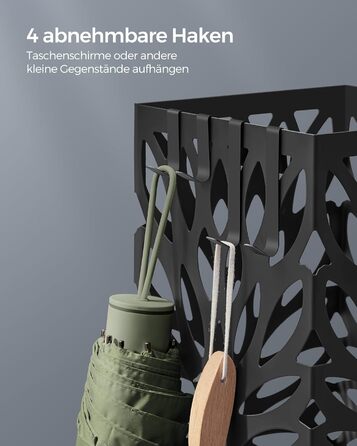Підставка для парасольок SONGMICS, металева, квадратна, чорна, для передпокою, з піддоном для води та гачками, 15,5x15,5x41 см