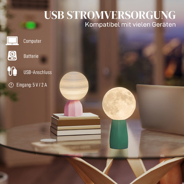 Набір настільних ламп HOMCOM з дизайном планет, 3 кольори, USB, пластик, білий
