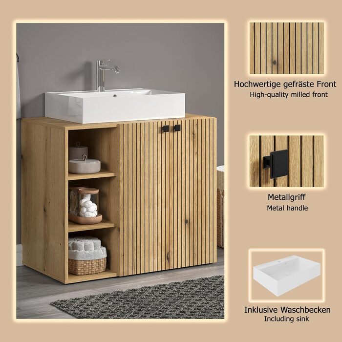 Тумба під раковину на колесахх trendteam PureBliss, 80x64x42 см, дуб Evoke, з 2 відкритими полицями та металевими ручками