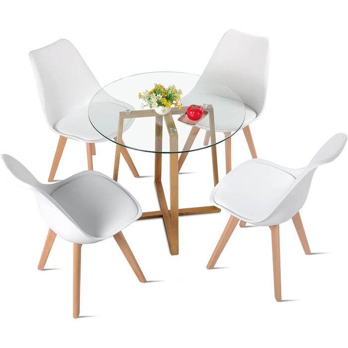 Стіл FUNITABLE зі скляною стільницею та 4 білими стільцями, круглий обідній стіл 80×80 см для кухні та вітальні