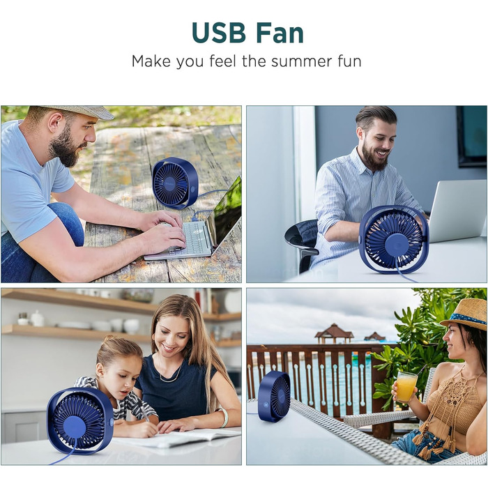 Вентилятор USB EasyAcc міні, настільний з обертанням 360°, 3 швидкості, синій (Marineblau) - гарантія 2 роки