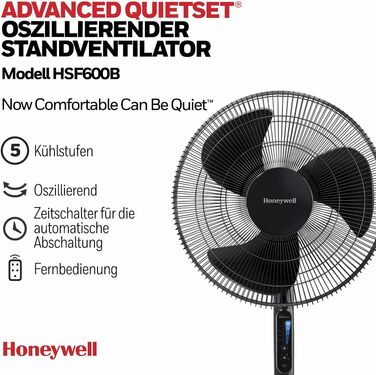Вентилятор Honeywell Advanced QuietSet, підлоговий, 5 швидкостей, осциляційний, з таймером, регулюванням висоти та пультом ДУ, тихий