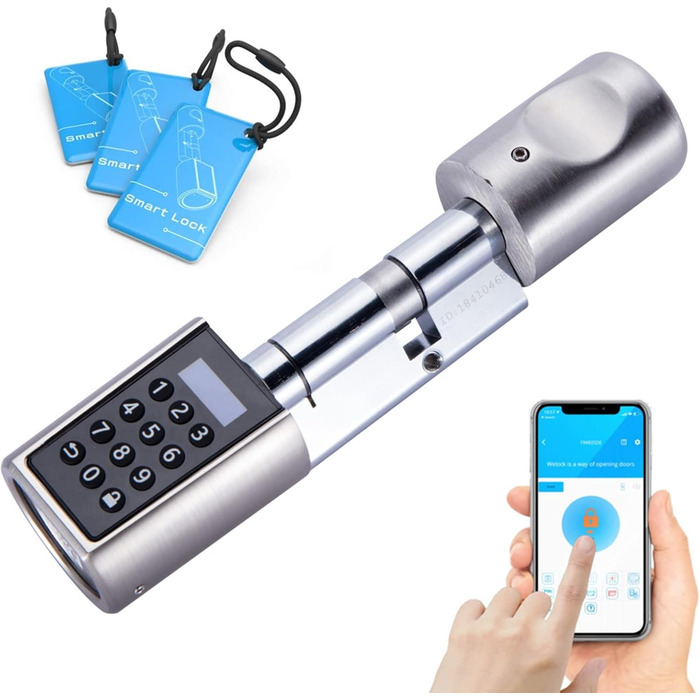 Розумний електронний дверний замок WELOCK з паролем, RFID-карткою, Bluetooth-додатком, регульований циліндр 50-100 мм, сріблястий