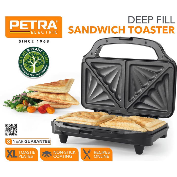 Сендвіч-тостер Petra PT2017TVDE XL, антипригарний, BPA-free, 900 Вт, автоматичне регулювання температури, для товстих сендвічів, легке очищення